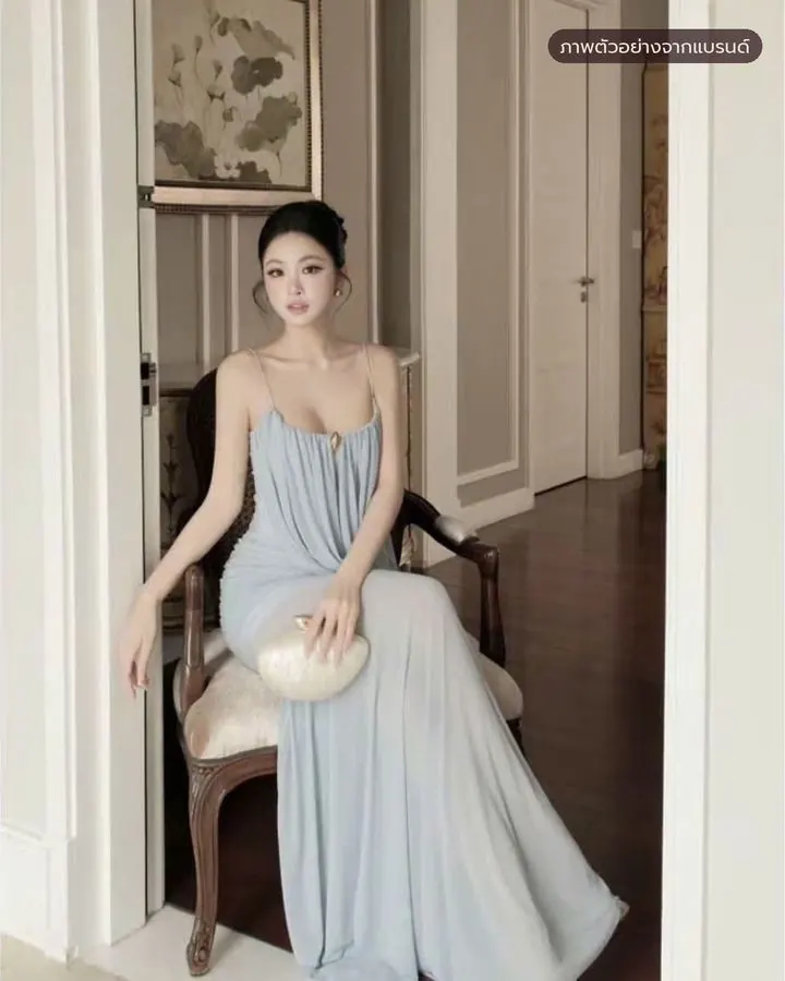 เดรสยาวสีฟ้าหม่น ผ้าเดรป รหัส LBL01 รูปที่ 2