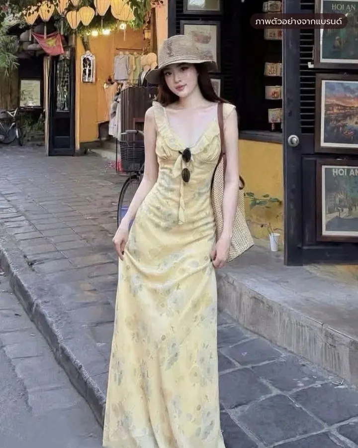 เดรสยาวลายดอกสีเหลือง ระบาย รหัส LYL01 รูปที่ 3