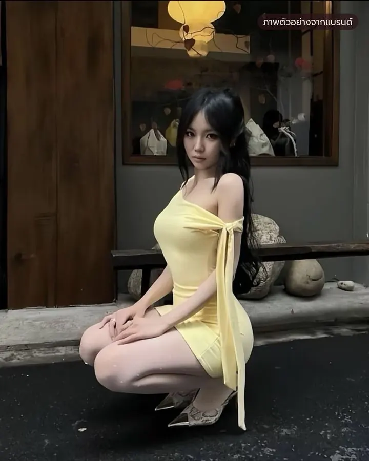 เดรสสั้นไหล่เดียวสีเหลือง โบว์ รหัส SYL01 รูปที่ 2