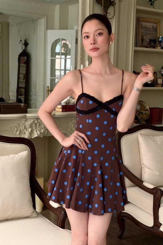 Polka · Brown mini dress with blue polka dots and lace trim Code SBR03 Photo 2
