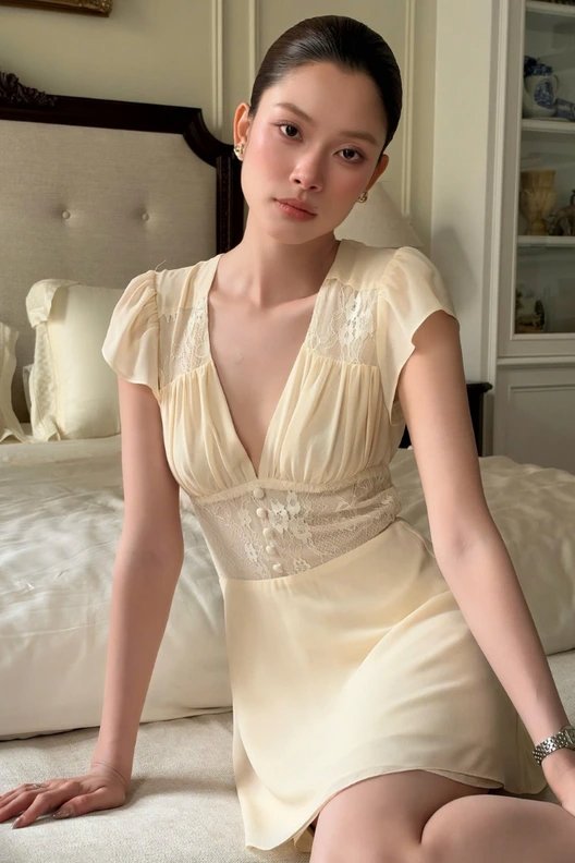 Miana · 奶油色V领短袖蕾丝短款连衣裙 款号 SWT19 照片 3